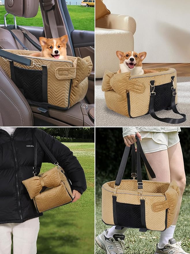 Prpeko Small Dog Car Seat, Portable Dog Seat with Soft Washable Cushion,Center Console Dog Car Seat for Small Dogs Up to 13lbs(Brown)