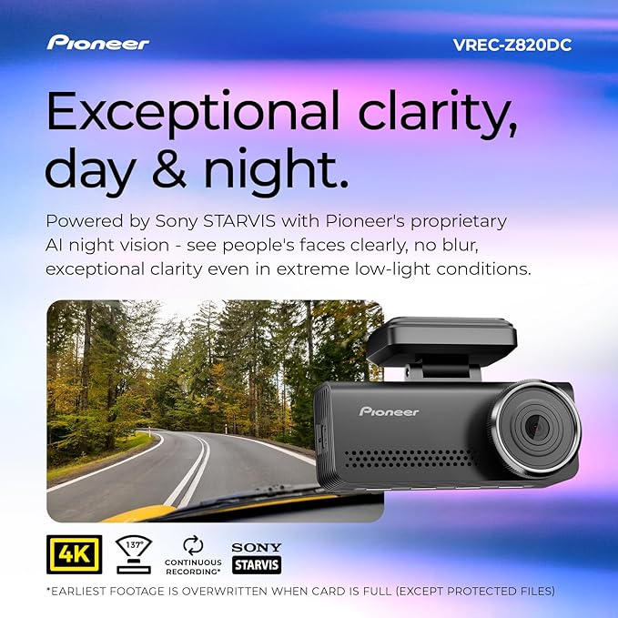 Pioneer VREC-Z820DC Dual Dash Cam Front and Rear Car Camera - Premium 4K Camera, AI-ISP Starvis Night Vision, 139 Degree Wide Lens, ADAS Safety Alerts, Built in GPS, Impact Detection, 24/7 Coverage