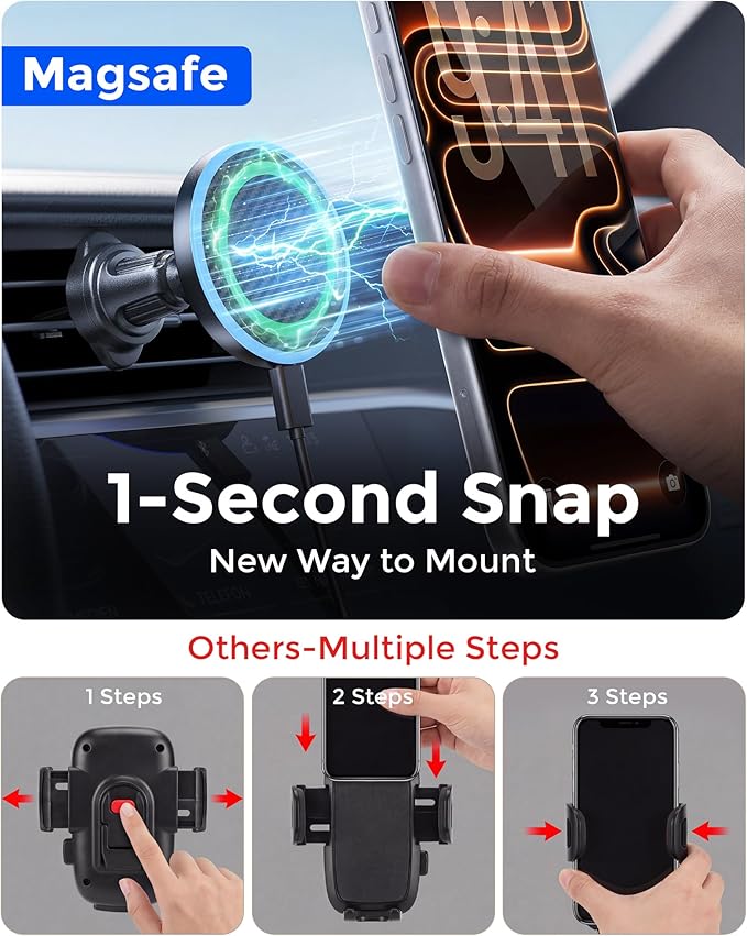 Estbuc 2-in-1 15W Magsafe Car Mount Charger, Magnetic Wireless Car Charger, 360° Dashboard & Air Vent Phone Mount, Phone Holders for Your Car, Car Accessories for Men Women for iPhone 17-12