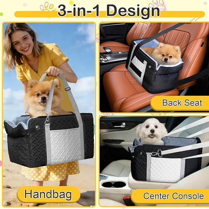 Dog Car Seats for Small Dogs, Center Console Dog Booster Portable Car Seat for Puppy, Doggy, Cats, Small Pets 0-15 lbs, with Safety Net