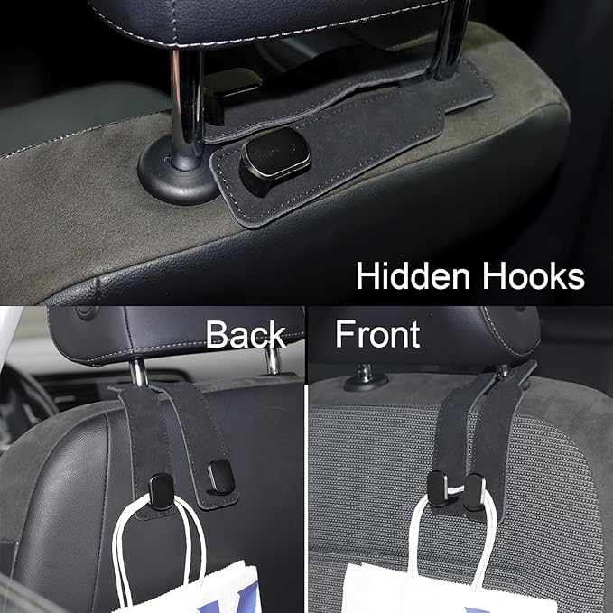 Car Seat Hooks for Headrest, Purse Hook & Back Storage Hook, Zinc Alloy & Suede Material Heavy Duty Car Hooks for Purses and Bags,Universal Fit for Most Vehicles (Black-2 Pack)