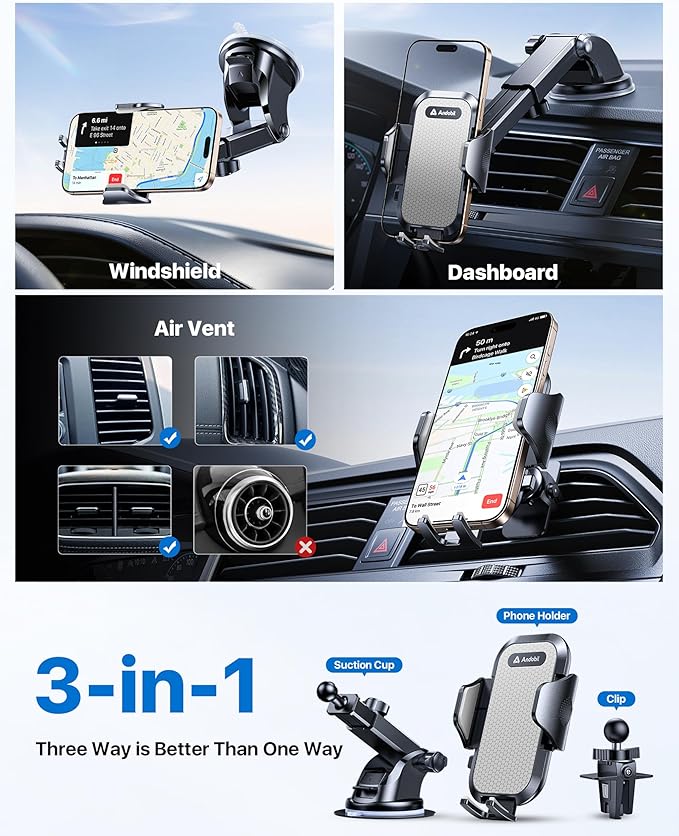 andobil Car Phone Holder, 2026 Military-Grade 89lbs Strongest Suction Phone Holders for Your Car Dashboard/Windshield/Vent Easy Clamp Cellphone Holder Truck Stand for iPhone 17 16 15 Pro Samsung Grey