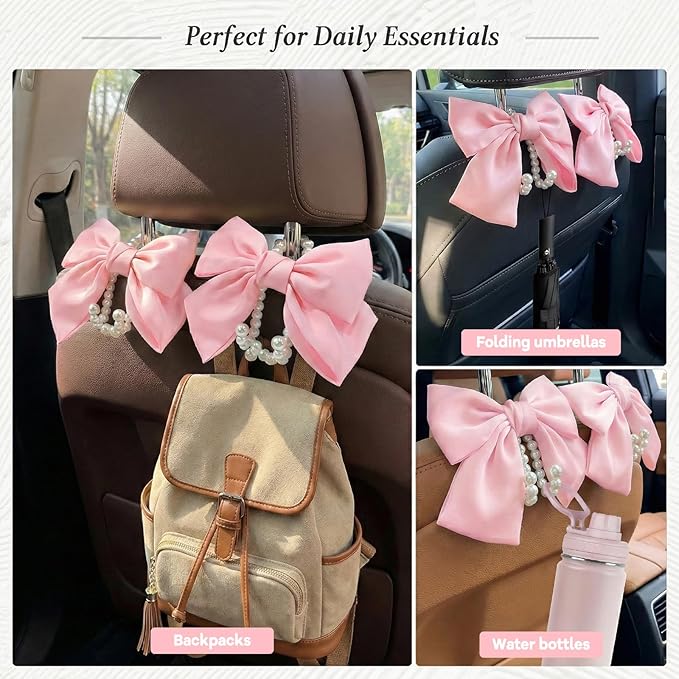 2PCS Satin Bow Pearl Car Seat Headrest Hooks – Car Bag Holder & Vehicle Hanger for Purses – Cute Coquette Aesthetic Interior Decoration – Cute Auto Organizer Accessories Universal for SUV, Truck(Pink)