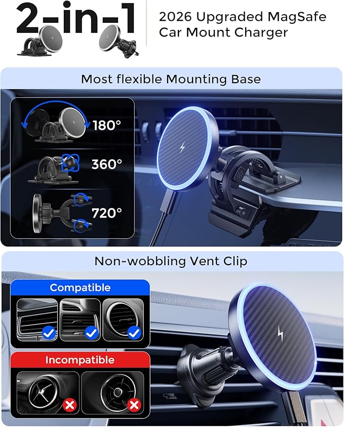 Estbuc 2-in-1 15W Magsafe Car Mount Charger, Magnetic Wireless Car Charger, 360° Dashboard & Air Vent Phone Mount, Phone Holders for Your Car, Car Accessories for Men Women for iPhone 17-12