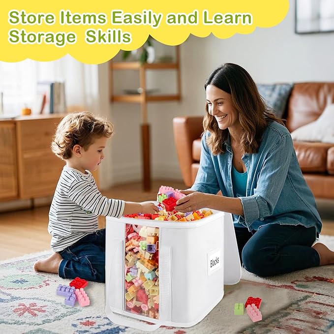 2PCS Toy Cube Storage Bin: Kids Building Blocks Organizer Bag with Zipper Lid & Handles, Clear Foldable Car Toy Container Box for Cubby Shelves, White Small Basket for Living Room, Closet, Playroom