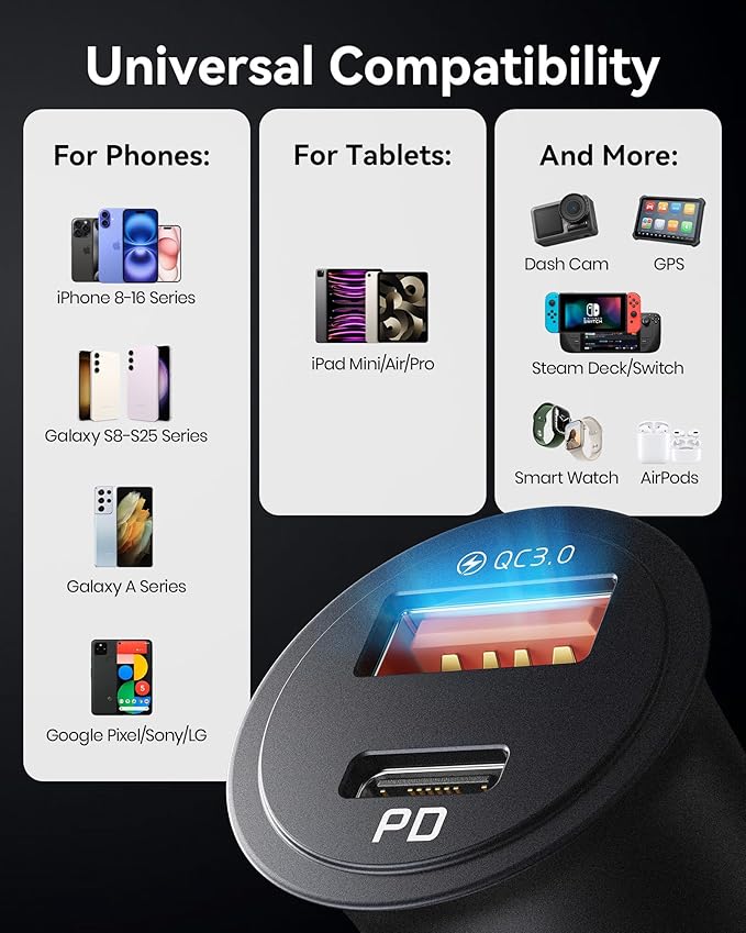 INIU Car Charger, Cigarette Lighter USB Charger Total 60W, 12V USB Socket with [1m] 100W Type C Cable Fast Charge, Car Phone Charge Adapter for iPhone 17 16 Samsung Laptops Switch 2 Car Accessories