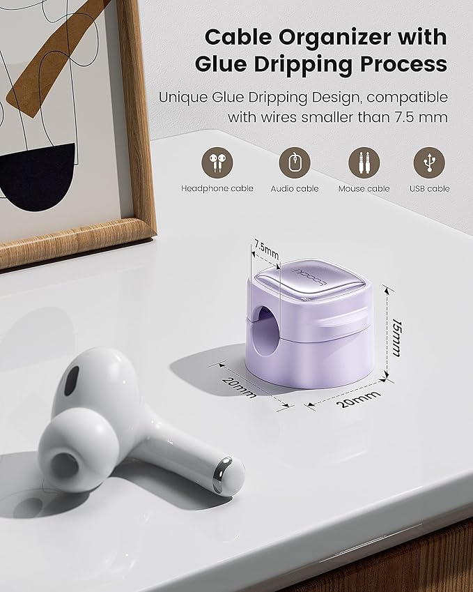 6 Pack Magnetic Cable Clips – Cord Organizer & Holder, Toocki Adhesive Cable Management, Wire Holder for USB Charging Cables, Ideal for Home, Office, Car, Desk, and Nightstand-Purple