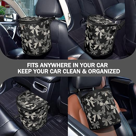Car Trash Can Black White Bow Car Garbage Bag with Lid Hanging Waterproof Leak Proof Vehicle Storage Bin
