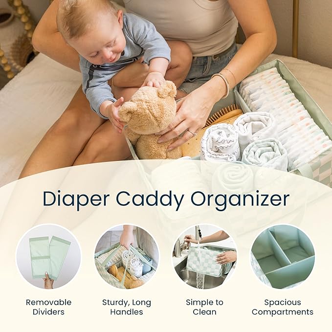 Tiny Twinkle Diaper Caddy Organizer | Foldable Baby Storage Basket with Removable Divider | Waterproof & Mess-Proof Fabric, Portable Nursery Organizer for Newborn Essentials (Blue Checkers)