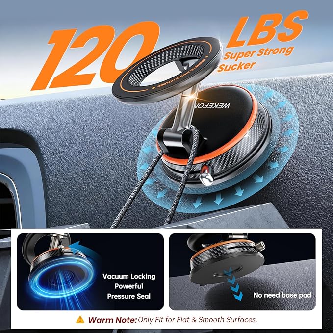Upgraded Car Phone holder for Magsafe [120LBS Suction Cup & 3000gf Magnet ] 1100° Adjustable Vacuum Magnetic Phone Holders for Your Car, Dashboard Car Mount Bracket for iPhone & Android, Carbon Fiber