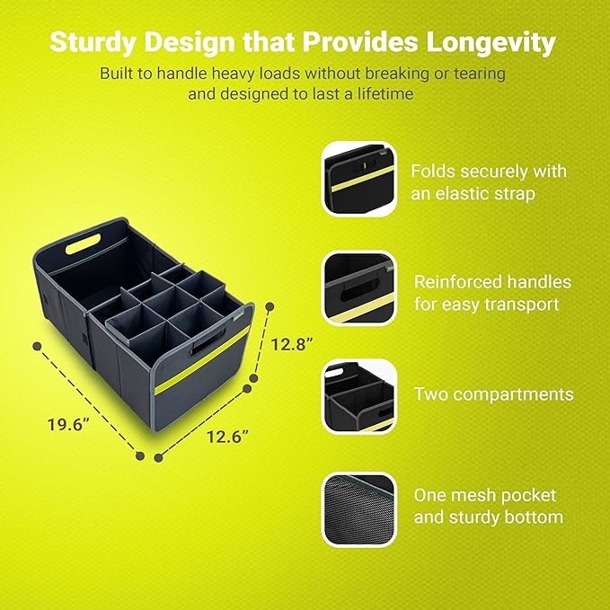 meori Collapsible Trunk Organizer for Car with Bottle Insert for Groceries Road Trips 2 Compartments Heavy Duty Mesh Pocket Ripstop
