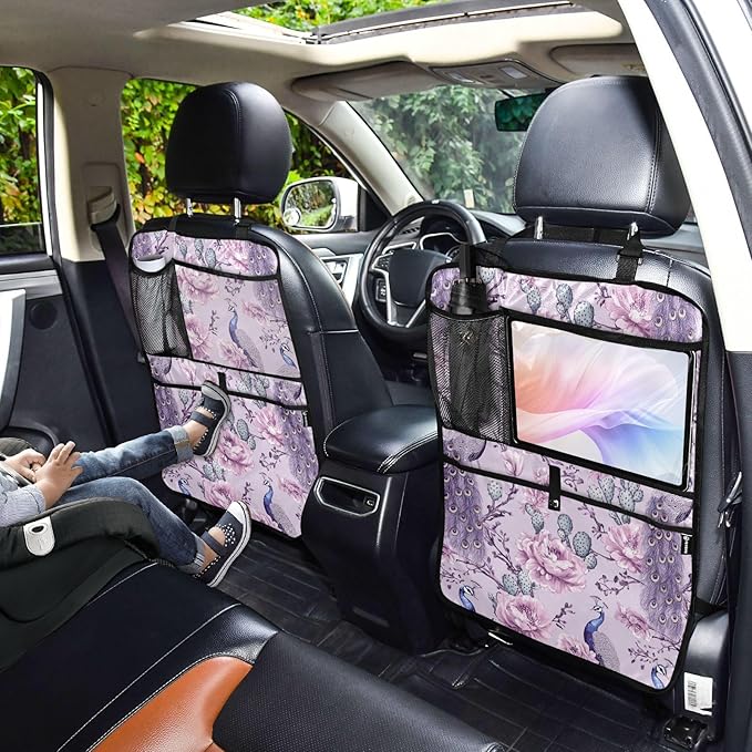 Purple Peacock and Cactus 01 1 Pack Backseat Car Organizer with Storage Pockets Seat Back Organizers for Kids Kick Mats Backseat Protector Automotive