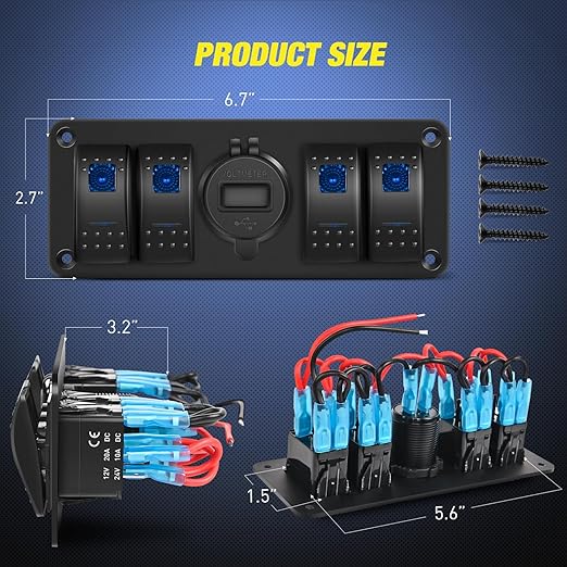 Nilight 4 Gang Rocker Switch Panel with Voltmeter Waterproof 12V DC PD Type C and QC 3.0 USB Charger Night Glow Stickers for Cars Trucks Boats RV