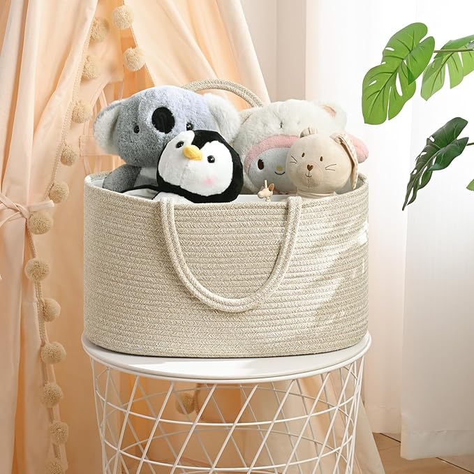 19L Baby Diaper Caddy Organizer, 16.8"x9.8"x9" Cotton Rope Diaper Basket, Changing Table Storage Caddy With Removable Divider, Baby Basket for Nursery, Car, Diapers, Baby Shower Gifts for Newborn