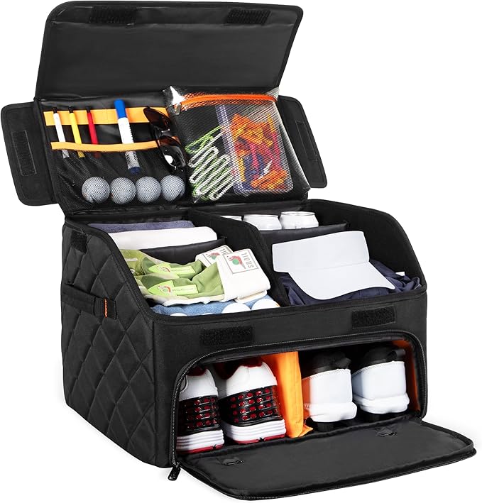 Upgraded Golf Trunk Organizer, Golf Car Organizer with Separate Ventilated Compartment for 2 Pair Shoes, Golf Storage with Multi-Compartment for Golf Accessories, Gifts for Golfers
