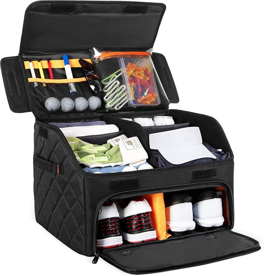 Upgraded Golf Trunk Organizer, Golf Car Organizer with Separate Ventilated Compartment for 2 Pair Shoes, Golf Storage with Multi-Compartment for Golf Accessories, Gifts for Golfers
