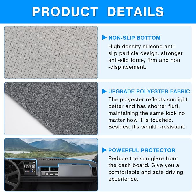 Autorder Gray Dashboard Cover Mat for 1988-1994 Chevy Chevrolet Silverado/GMC Sierra C/K 1500 2500 3500 Pickup Truck/1992-1994 GMC Yukon/Chevy Blazer Suburban Accessories Dash Cover Polyester Dash Mat