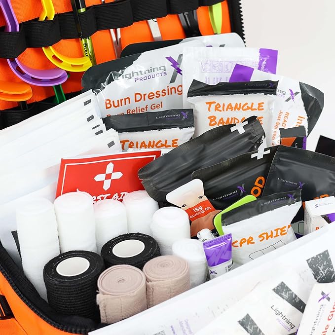 Lightning X Mid-Sized First Responder EMT Bag | LXMB25 | Fully Stocked w/ 240+ First Aid, EMS & Trauma Supplies - Orange