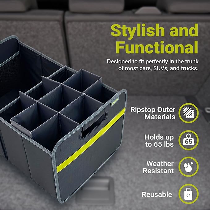 meori Collapsible Trunk Organizer for Car with Bottle Insert for Groceries Road Trips 2 Compartments Heavy Duty Mesh Pocket Ripstop