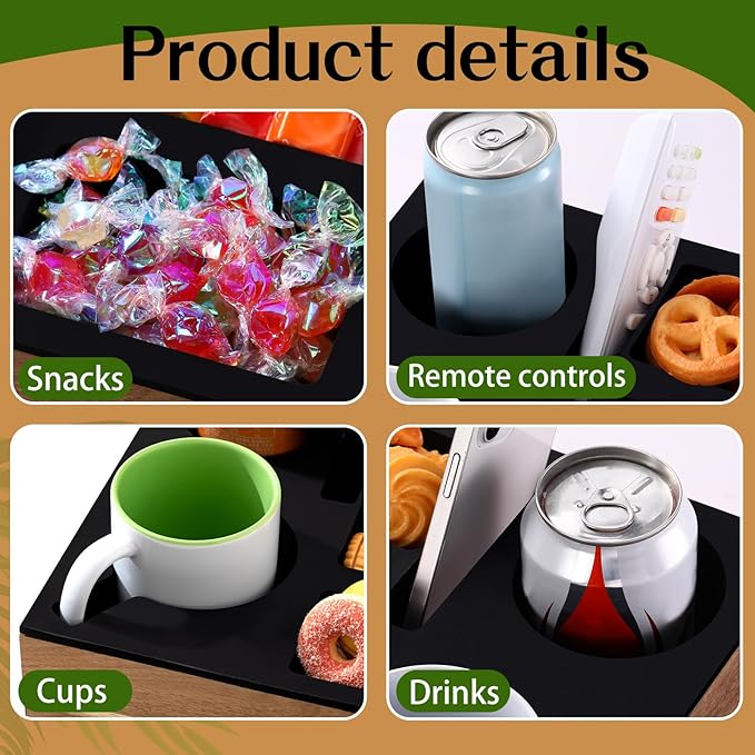 Yerliker Couch Cup Holder Tray, Silicone Lining Couch Caddy Waterproof Anti-spill Sofa Cup Holder for Bed Car Seat Organizer, Hold Mugs, Drinks, Snacks, Phones, Remotes(Rectangle,Black,Acacia)