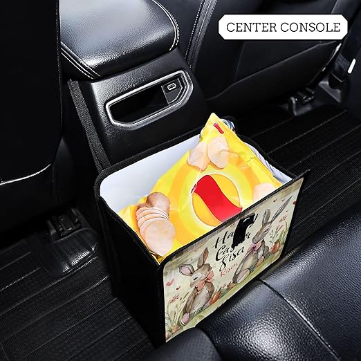 Car Trash Can Organizer Bin with Adjustable Strap for Back Front Seat Console Waterproof Leakproof Collapsible Portable 11 Inch Happy Easter Bunny Carrot