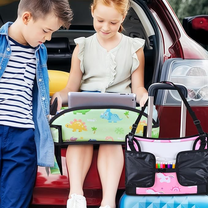 Kids Travel Tray for Toddler Car Seat, Road Trip Activities for Kids with iPad Holder Stand & Dry Erase Board, Road Trip Essentials Accessories Lap Tray as Travel Gifts for Kid, 2PC
