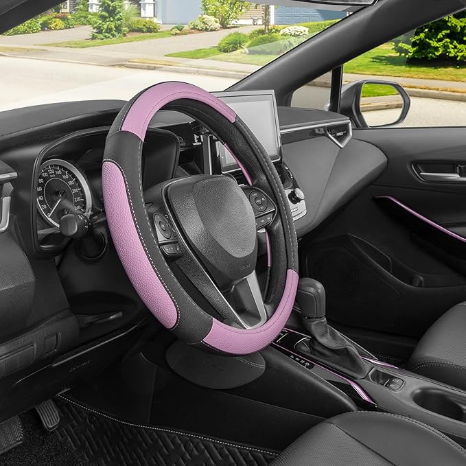 SEG Direct Steering Wheel Cover for Car, Standard Size 14.5-15 inch, Auto Interior Accessories, Black and Light Purple