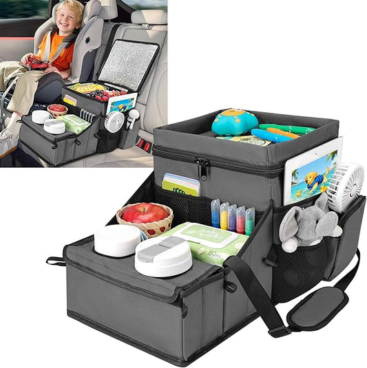 COOLBEBE Car Seat Organizer, Backseat Car Organizer with Cup Holders for Kids and Adults Travel, Cooler Compartment Passenger Seat Organizer Storage Box for Front or Middle Seat, Grey