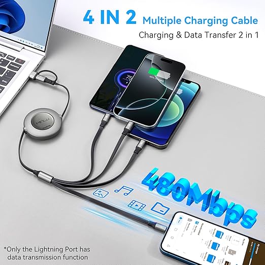 4 in 2 Retractable Charging Cable 4A,2Pack 4Ft Multi Chargers for All Devices,USBC Charging Cable with A/C to Type C/L/Micro USB Ports Universal Multiple USB Cable for iPhone Series/Samsung/Tablets/PS