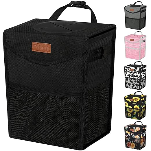Car Trash Can with Lid, Cute Leakproof Car Trash Garbage Bag Hanging Vehicle Trash Bin Small Portable Automotive Garbage Cans Organizer for Back/Front Seat/Console(Trapezoid,Black)