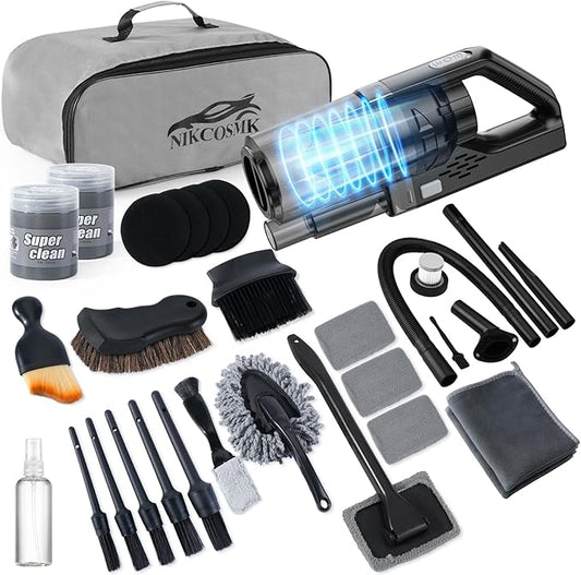 NIKCOSMK Car Cleaning Kit, Car Detailing Kit with Car Vacuum 8000PA High Suction, Car Interior Cleaning Supplies with Detailing Brushes, Windshield Cleaner Tool, Car Accessories for Men & Women