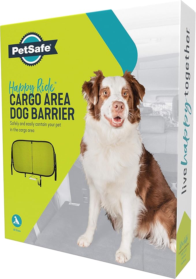 PetSafe Happy Ride Cargo Area Dog Barrier - See-Through Durable Mesh Material - Fits Most Cars, Minivans and SUVs - Keep Pets in The Back - Easy to Store in Vehicles
