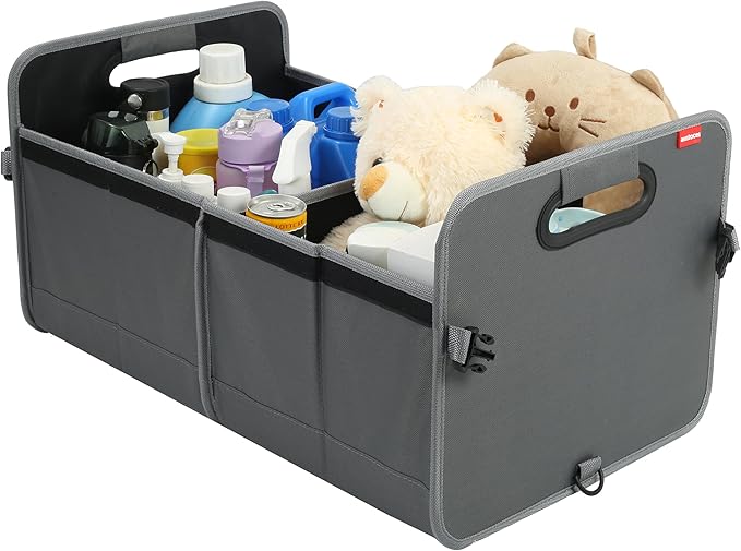 Car Trunk Organizer With Soft Cover and Storage Bin Essentials Collapsible Organization Accessories for SUV/Sedan Grey