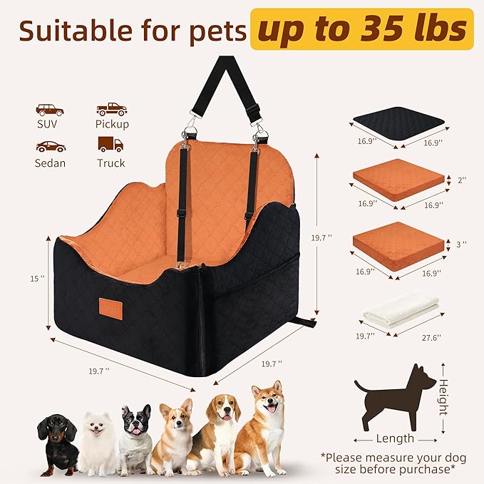 XEEP Dog Car Seat for Small/Medium Dogs Up to 35lbs, Dog Booster Seat with Memory Foam Cushion, Washable Pet Car Seat with Safety Belt & Pee Pad & Blanket, Fits in Front/Back Seat(Black/Brown)