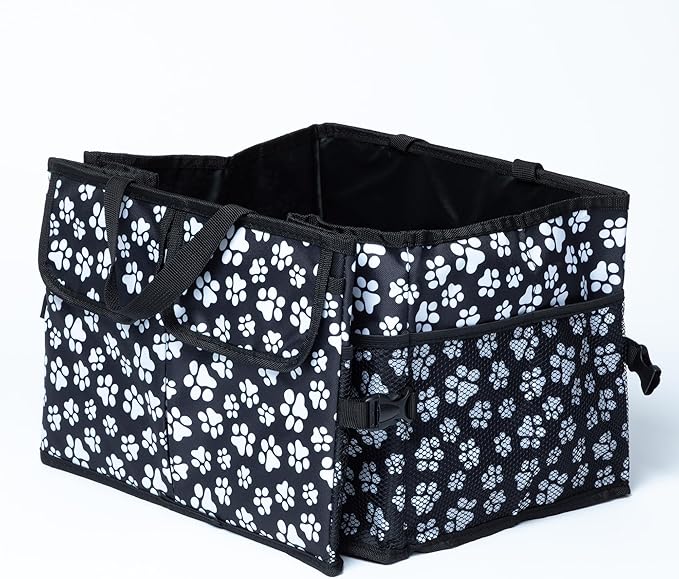 GreaterGood Collapsible Paw Print Car Trunk Organizer with 6 Pockets Truck SUV and Sedan Caddy With Compartment Vehicle Storage Container (Paws Galore - Black & White)