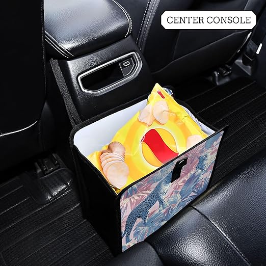 Car Trash Can Organizer Bin with Adjustable Strap for Back Front Seat Console Waterproof Leakproof Collapsible Portable 11 Inch Cute Cheetah and Palm Leaves