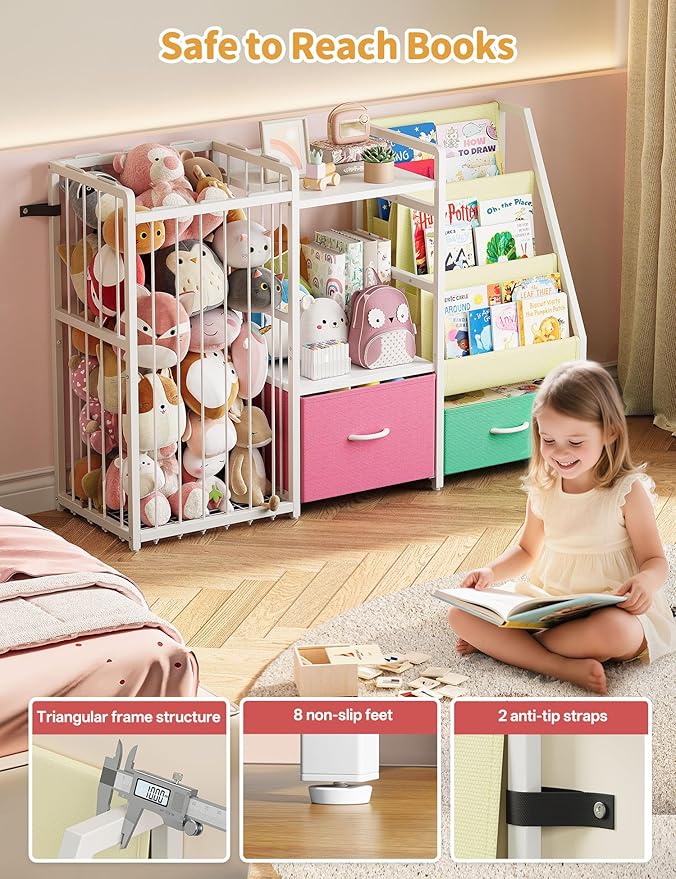 Kids Bookshelf and Toy Storage, Large 3 Tier Book Shelf for Kids Rooms, Sling Baby Bookcase with Stuffed Animal Storage, Toddler Montessori Bookshelf for Nursery, Playroom (Pink+Green)