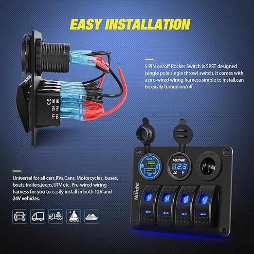 Nilight 4 Gang Rocker Switch Panel Waterproof Pre-Wired Aluminum with PD Type C and USB Cigarette Lighter Socket Voltmeter 12V 24V ON Off for Car Trucks Boats RVs