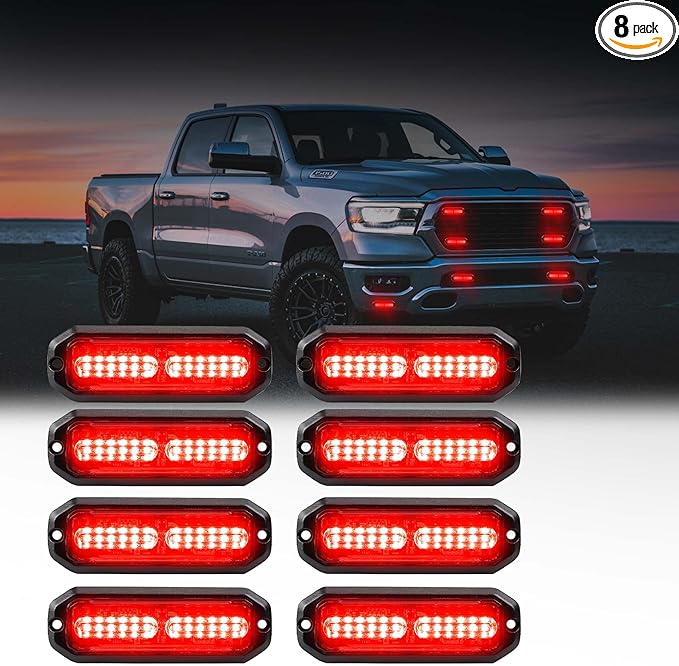 WINECO Ultra-Thin waterproof sync alternating Linear Lens 8pcs 12 led grill strobe lights Red Surface Mount Deck Dash Grill Grille Strobe Lights Warning Police Light for Emergency Vehicles