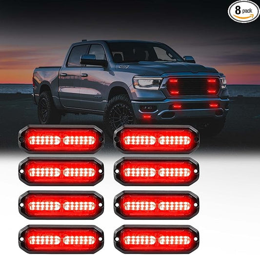 WINECO Ultra-Thin waterproof sync alternating Linear Lens 8pcs 12 led grill strobe lights Red Surface Mount Deck Dash Grill Grille Strobe Lights Warning Police Light for Emergency Vehicles