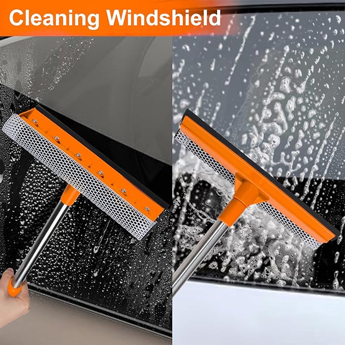 Conliwell 2 in 1 Car Windshield Squeegees with 15.3"-23.6" Retractable Stainless Steel Handle, Auto Glass Wiper Kit, Supplies Suitable for Trucks, SUVs, RVs Window, Orange