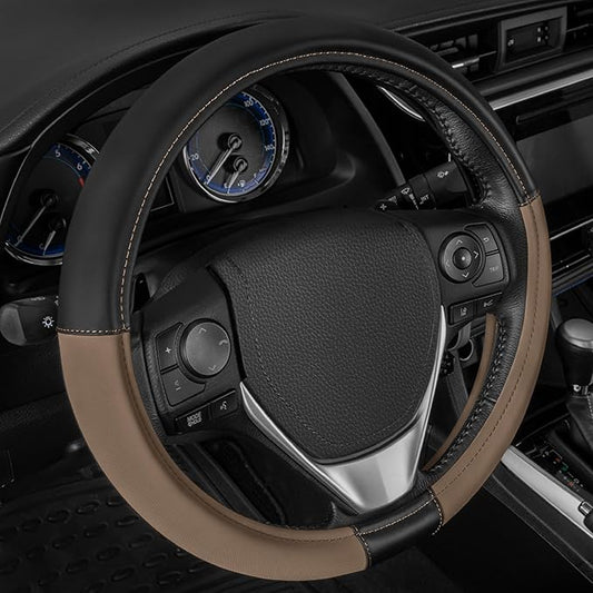 Cat® ErgoDrive Car Steering Wheel Cover with Tan Beige Grip, Black Faux Leather Steering Wheel Cover for Auto Truck Van SUV - Standard 14.5" - 15 Inches
