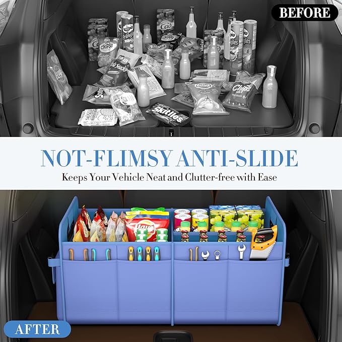 Trunk Organizer For Suv & Sedan,Car Organizers and Storage, Waterproof Collapsible & Adjustable Straps,75L Sturdy Car Organization for Car Accessories, Tools,Sundries,2-3 Compartment（Blue）