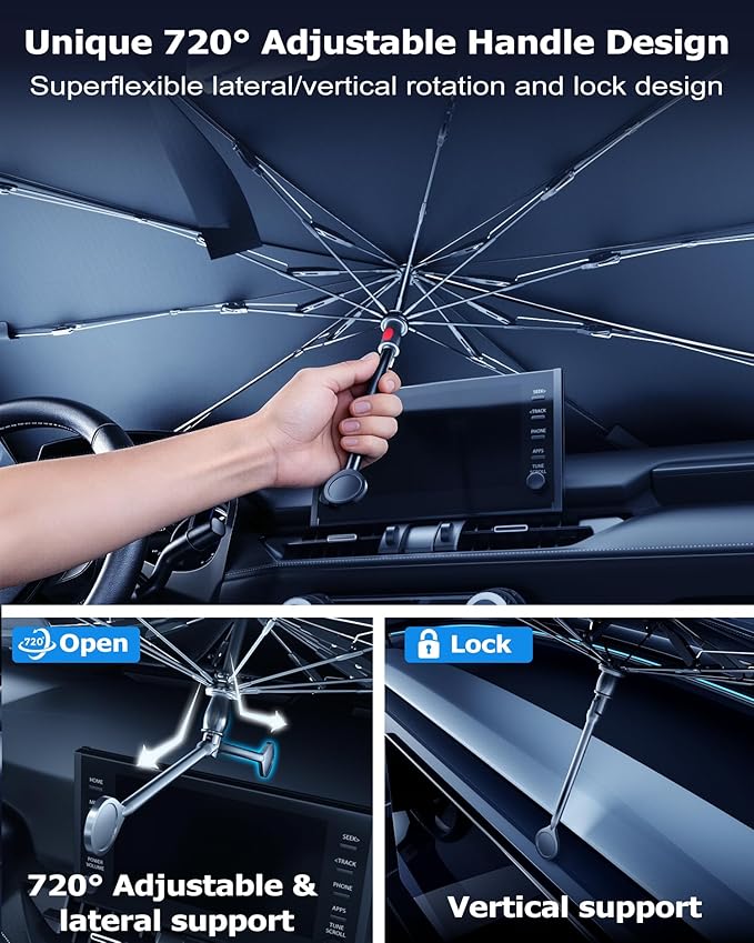 DMJN Umbrella Windshield Sun Shade for Tesla New Model Y Juniper, Y & 3, Car Sunshade for Front Windshield [Nano Ice-Crystal Coatings] UPF50+ Heat & UV Block, Protect Interior & Keep Cooler
