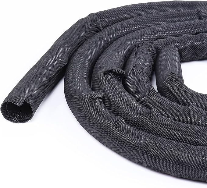 Self-Closing Split Braided Cable Organizer,Curly Cord Protector for Car High Temp Harness Sleeve/Computer Desk Audio Wire Covers (Black 1"-22ft)
