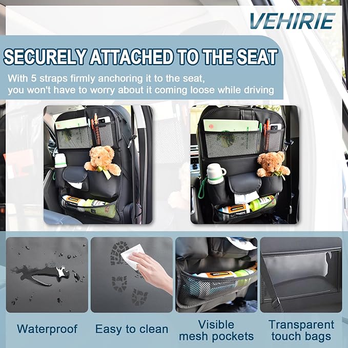 Car Backseat Organizer with Foldable Table Tray – Leather Seat Protector Kick Mats for Kids & Pets, 8 Storage Pockets Travel Organizer with Touch Screen Tablet Holder for SUV Truck Family Road Trips