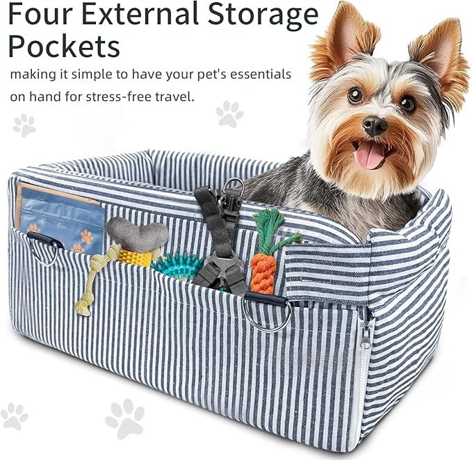 Dog Car Seats for Small Dogs, Puppy Car Seat Under 15 lbs, Small Dog Bed for Travel, Elevated Pet Seat with Safety Belt, Non-Slip Base, and Storage Pockets (Navy)
