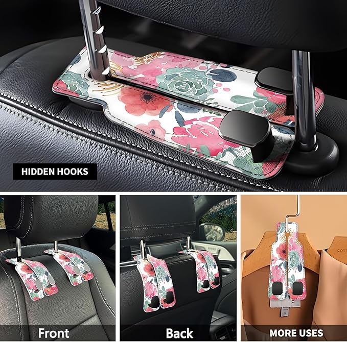 Car Seat Headrest Hook, Universal Leather Cute Hanger Holder Hook, Storage Organizer Interior Accessories for Purse Bags Handbag Cute Pink Flowers