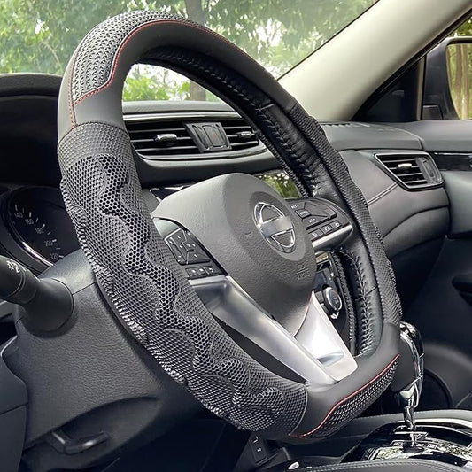 PINCTROT D Shaped 14 Inch Small Sized Steering Wheel Cover Great Grip with 3D Honeycomb Anti-Slip Design, Flat Bottom 14 Inch (Black/Red Stitch)