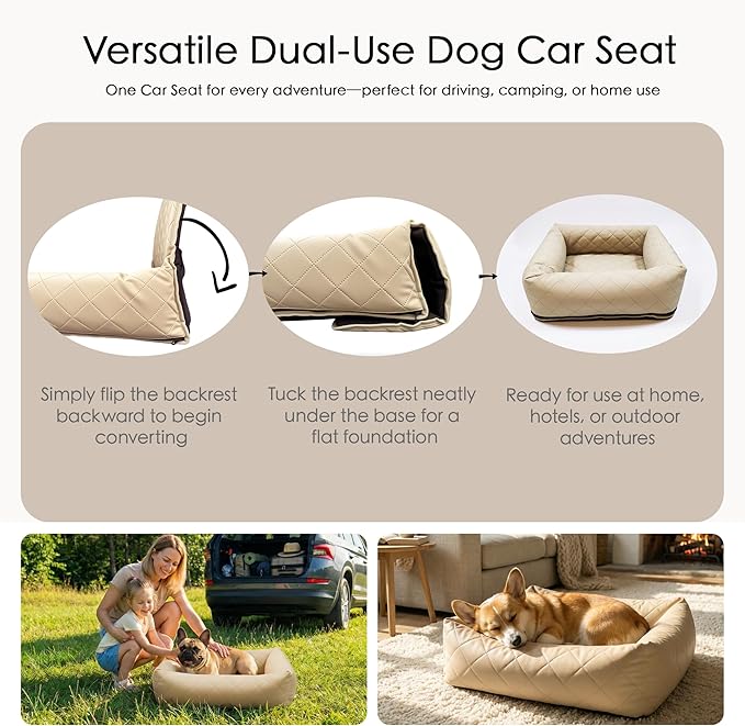 Microfiber Leather Dog Car Seat for Small & Medium Dogs, Waterproof Pet Car Seat with Washable Pee Pad, Scratch & Fur Resistant, Foldable Dog Bed for Home & Travel, Non-Slip Design, Matte Beige
